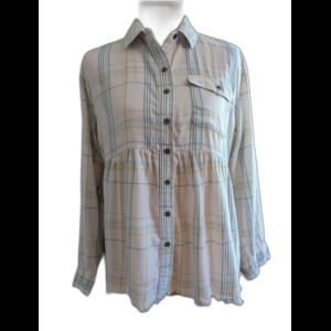 True Craft Cream Plaid Babydoll Button-Up Shirt with Blue & Yellow Plaid Design.